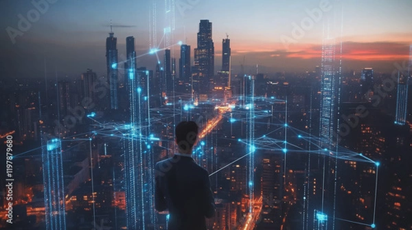 Fototapeta Abstract business man stands on the peak of success amid tall, innovative Smart city and graphs with statistics to analyze business potential and predict future developments in company growth.