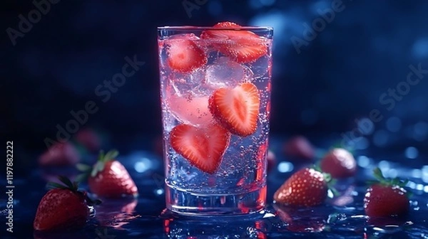 Fototapeta A glowing iced strawberry drink with luminous fruit pieces floating in a sleek glass 