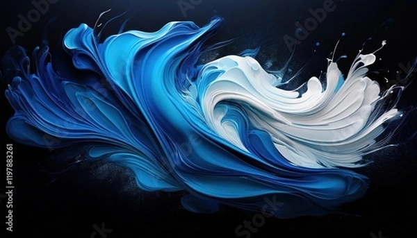 Fototapeta Vibrant Abstract Paint Stroke Composition on Black Background, Exploring Intricate Blue and White Swirls Amidst Darkness, Showcasing Bold Expressive Artistry.