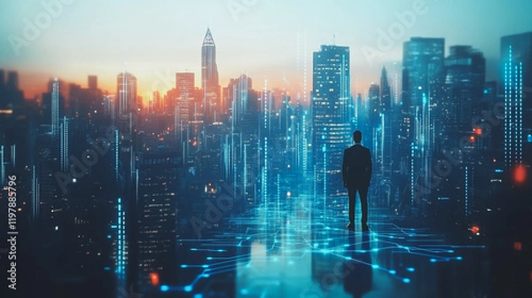 Fototapeta Abstract business man stands on the peak of success amid tall, innovative Smart city and graphs with statistics to analyze business potential and predict future developments in company growth.