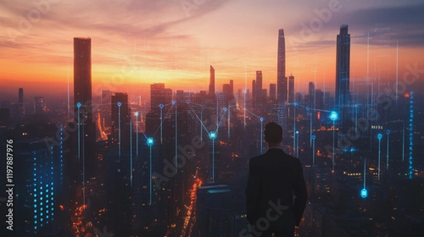 Fototapeta Abstract business man stands on the peak of success amid tall, innovative Smart city and graphs with statistics to analyze business potential and predict future developments in company growth.