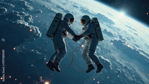 Fototapeta A futuristic setting in which two astronauts are floating in space, tethered to the same ship. High quality photo