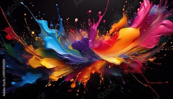 Fototapeta Vibrant and Expressive Artistic Exploration Colorful Paint Splashes against a Striking Black Background, Illuminated by Subtle Highlights.