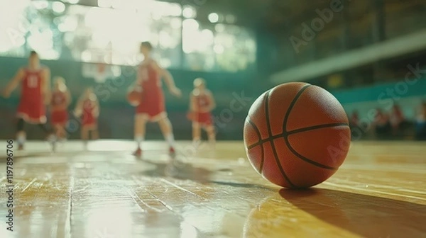 Fototapeta Basketball team showcases skills in indoor competition.
