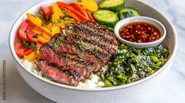 Fototapeta A captivating image of a rice bowl filled with grilled steak, surrounded by colorful vegetables, drizzled with teriyaki sauce, showcasing a delightful mix of flavors
