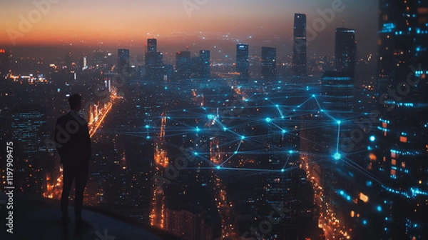 Fototapeta Abstract business man stands on the peak of success amid tall, innovative Smart city and graphs with statistics to analyze business potential and predict future developments in company growth.