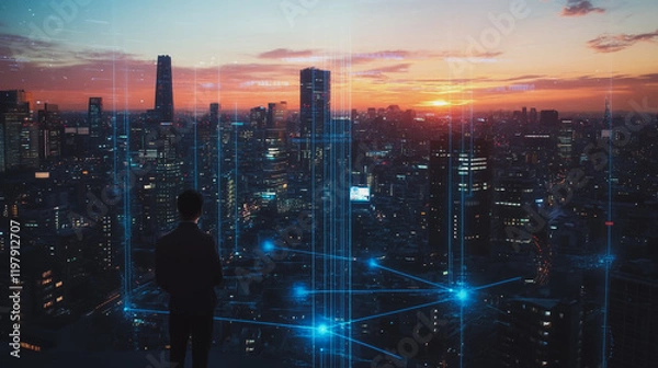 Fototapeta Abstract business man stands on the peak of success amid tall, innovative Smart city and graphs with statistics to analyze business potential and predict future developments in company growth.