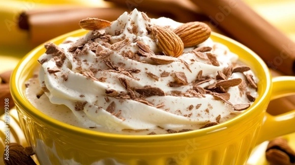 Fototapeta A Whimsical Whipped Cream Delight with Chocolate and Almonds: A Cozy Wintertime Treat