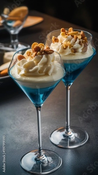 Fototapeta Delicate Dessert in Elegant Blue Glasses: A Symphony of Creamy Flavors and Exquisite Presentation.  A Culinary Masterpiece for a Special Occasion.  A Culinary Delight.  A Refined Dessert Experience.