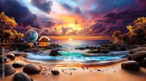 Obraz Surreal Sunset Beachscape with Floating Globes