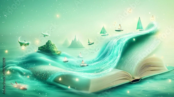 Obraz Enchanting Open Book with Floating Islands and Ships