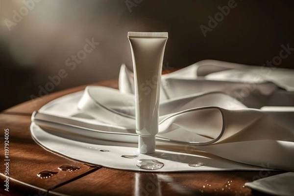 Obraz Luxurious White Cosmetic Tube Presented on Elegant Satin Fabric with Dramatic Lighting and Wooden Surface Backdrop for Sophisticated Beauty Product Showcase