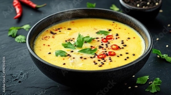 Fototapeta A steaming bowl of egg custard, surrounded by fresh herbs and sliced chili, showcasing the comforting essence of this traditional dish in a warm kitchen setting