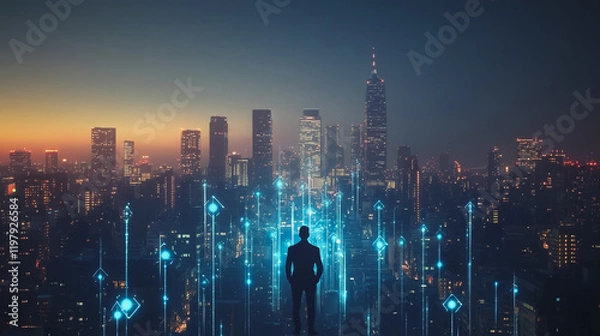 Fototapeta Abstract business man stands on the peak of success amid tall, innovative Smart city and graphs with statistics to analyze business potential and predict future developments in company growth.