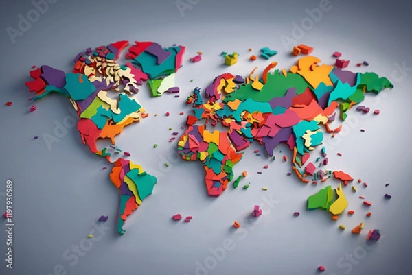 Fototapeta A modern representation of the world map is displayed in 3D, emphasizing the contours of continents. The design features a subtle 3D effect 