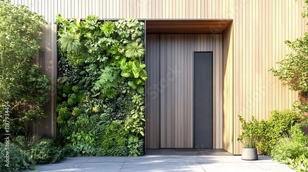 Obraz A back door with a built-in vertical garden panel on one side 