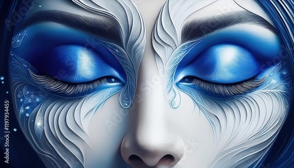 Fototapeta Tranquil Abstract Portrait Eyes Closed in Shades of Blue and White A Moment of Introspection