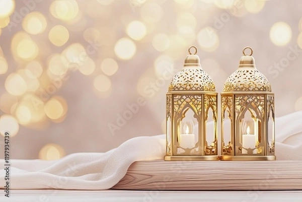 Obraz Two Ramadan lanterns on a table with lights and a bokeh background, with copy space . Matut, stock photo contest winner. High resolution, high quality, high detail, high definition. 