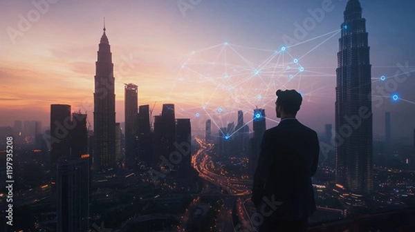 Fototapeta Abstract business man stands on the peak of success amid tall, innovative Smart city and graphs with statistics to analyze business potential and predict future developments in company growth.