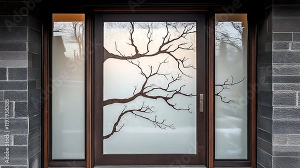 Obraz A back door with a frosted glass panel shaped like a tree branch 