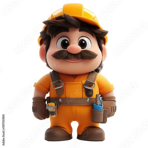 Obraz Cute cartoon character in orange work outfit with tools, posed for fun activity isolated on transparent background