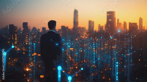 Fototapeta Abstract business man stands on the peak of success amid tall, innovative Smart city and graphs with statistics to analyze business potential and predict future developments in company growth.