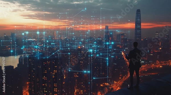 Fototapeta Abstract business man stands on the peak of success amid tall, innovative Smart city and graphs with statistics to analyze business potential and predict future developments in company growth.