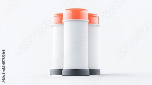 Fototapeta Three cylindrical containers with orange lids arranged on a white background, emphasizing a minimalist design.