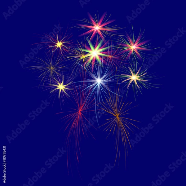 Fototapeta Festive, large, multi-colored fireworks on a blue background illustration.