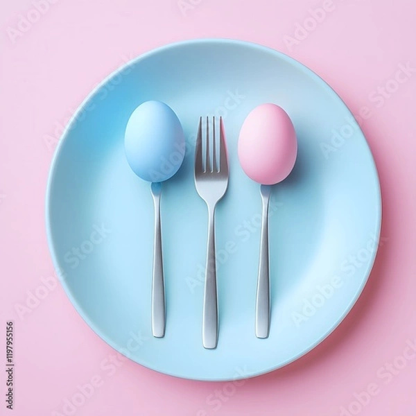 Fototapeta Fork and spoon with blue and pink eggs on elegant isolated plate