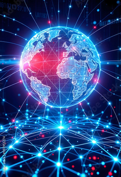 Fototapeta The concept of digital global connectivity in modern technology and network design for international communication in a futuristic cyberspace world, photo, with white tones