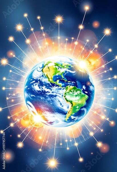 Fototapeta Planet Earth at luminous telecommunication network digital connections global communications, watercolor, with white tones