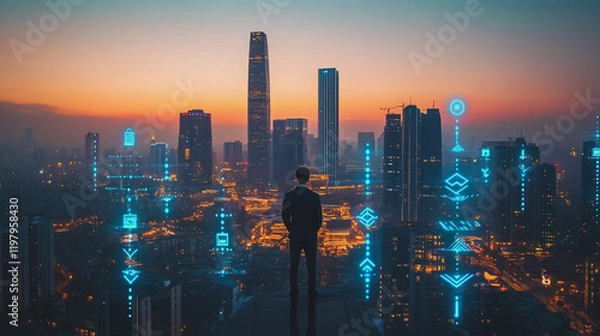 Fototapeta Abstract business man stands on the peak of success amid tall, innovative Smart city and graphs with statistics to analyze business potential and predict future developments in company growth.