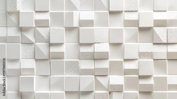 Fototapeta "A seamless pattern of white 3D geometric tiles with a modern design, forming an elegant and textured wall surface."