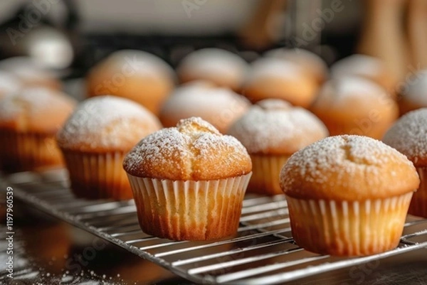 Fototapeta Delicious golden muffins sprinkled with powdered sugar cooling on rack after baking