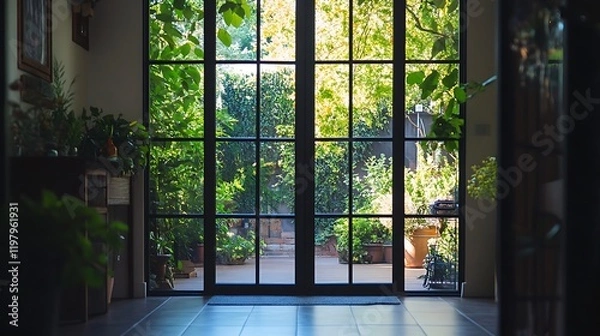 Obraz A back door with a grid of small square glass panels framed in dark steel 