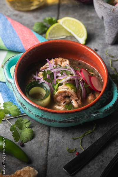 Fototapeta Traditional mexican shrimp ceviche with tomato and serrano pepper