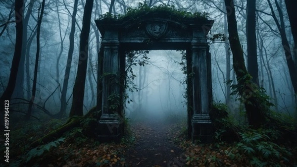 Fototapeta A haunting stone archway overgrown with vines, set in a dense, foggy forest path, evoking an eerie and mystical atmosphere.  
