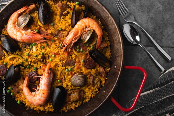 Fototapeta Classic Spanish dishes, seafood paella in a traditional skillet against the rustic blue concrete backdrop. Spanish paella with shrimp, hugs, mussels, green peas, and fresh lemon wedges from above.