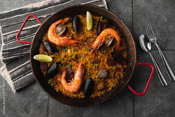 Fototapeta Classic Spanish dishes, seafood paella in a traditional skillet against the rustic blue concrete backdrop. Spanish paella with shrimp, hugs, mussels, green peas, and fresh lemon wedges from above.