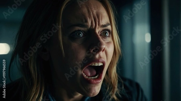 Fototapeta Close-up of a frightened woman screaming, her face filled with fear, set in a dark and tense cinematic atmosphere.  
