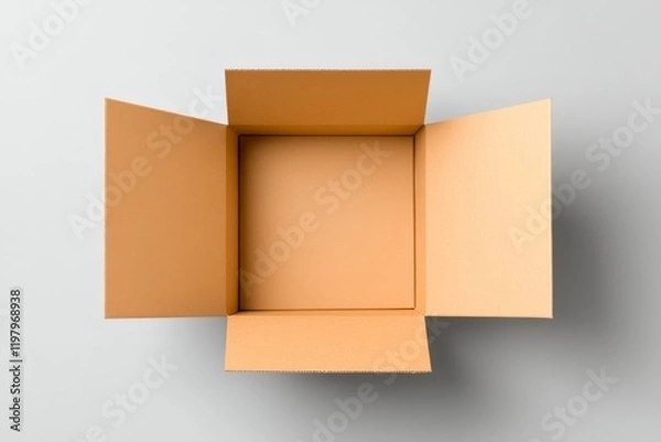 Fototapeta Caja de cartón rectangular vacía con solapas abiertas en una superficie clara
