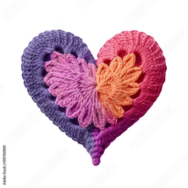 Fototapeta Crocheted multi-colored heart on a transparent background.