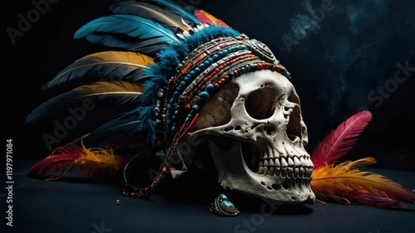Obraz A stylized skull adorned with colorful feathers, beads, and tribal accents, set against a dark and dramatic background.  
