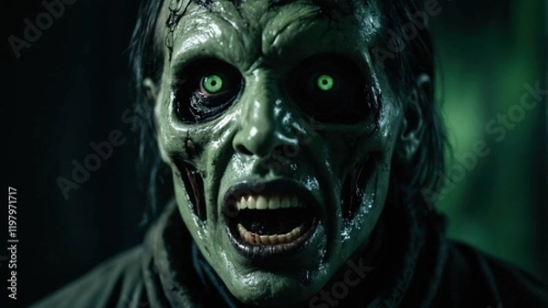 Fototapeta Close-up of a horrifying zombie with decayed flesh and glowing green eyes, set against a dark, eerie background.  
