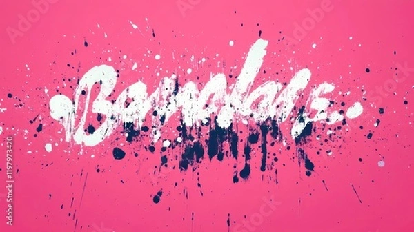 Fototapeta Abstract pink background with white and black paint splatters forming the word "Bombastic".