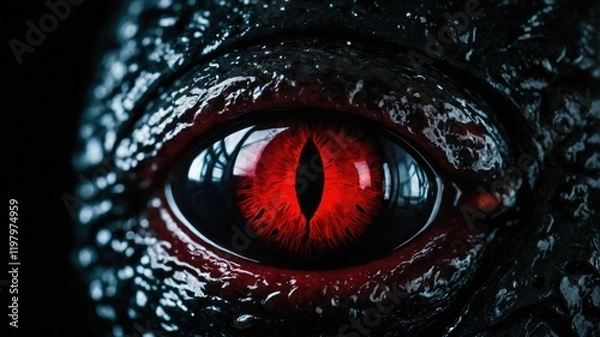 Fototapeta Intense close-up of a red, slit-pupil reptilian eye surrounded by textured dark scales, creating a striking and mysterious appearance.  
