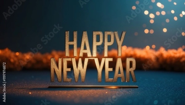 Fototapeta 3D golden "Happy New Year" text surrounded by warm, glowing festive lights, set against a deep blue background with celebratory ambiance.  
