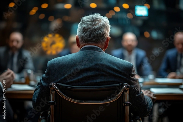 Obraz Leader in wheelchair conducts a business meeting with attentive executives