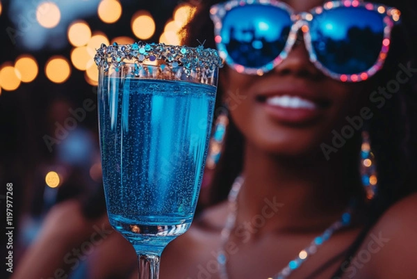 Fototapeta Enjoying a lively concert with hearing aids and vibrant drinks in hand